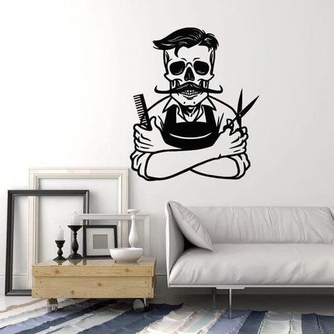 Skeleton Hairdresser Wall Stickers For Barbershop Decoration Vinyl Hair Stylist Wall Decal Self-adhesive Art Barber Mural Y338